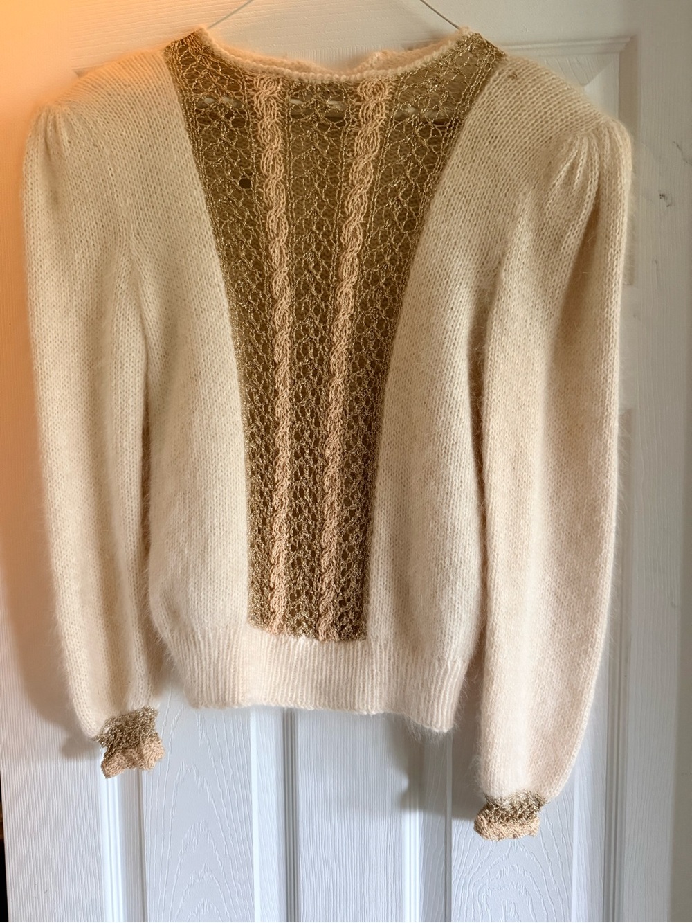 Cream Knit Sweater with Gold Lace Panel